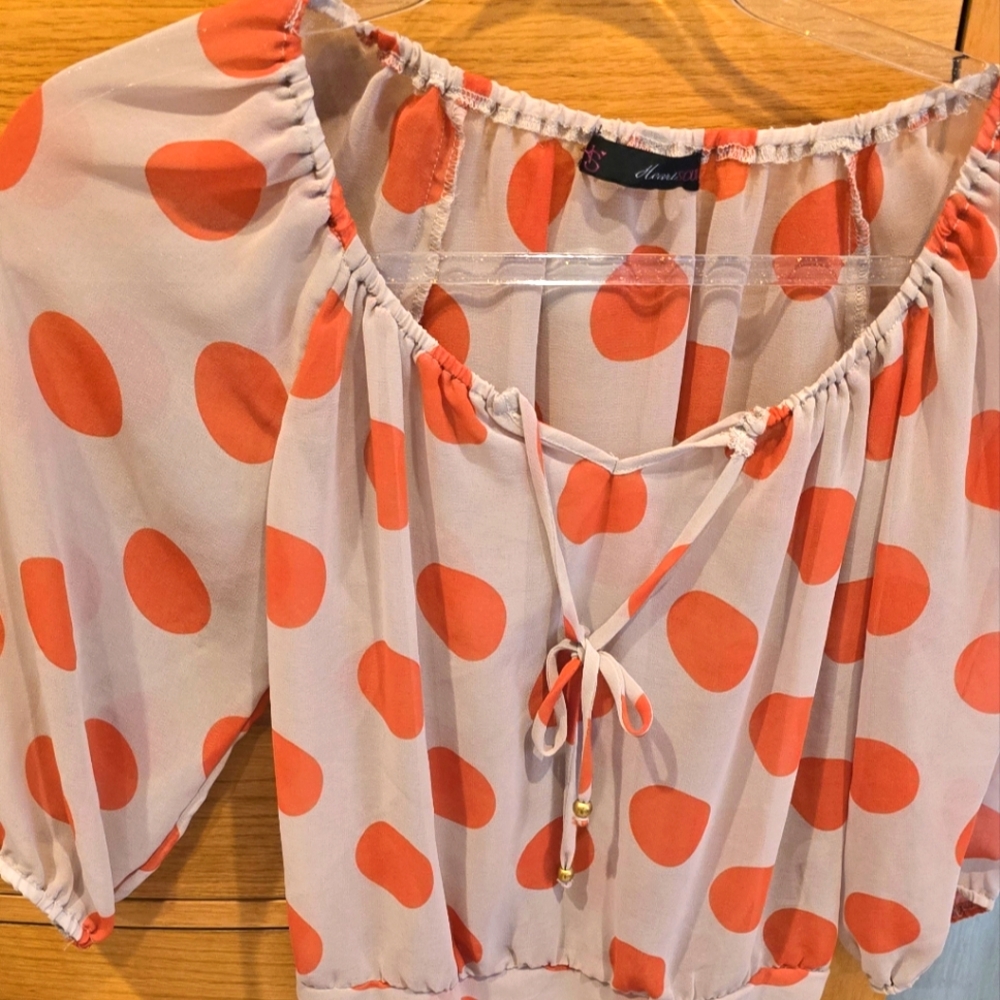 Women's XS Polka Dot Blouse - Taupe/ Tomato red, HeartSoul